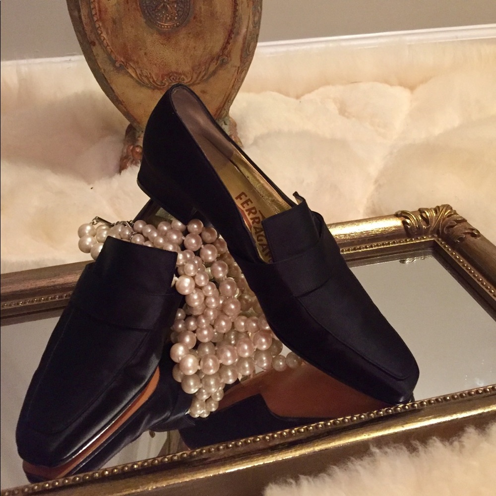 Black satin Ferragamo loafers